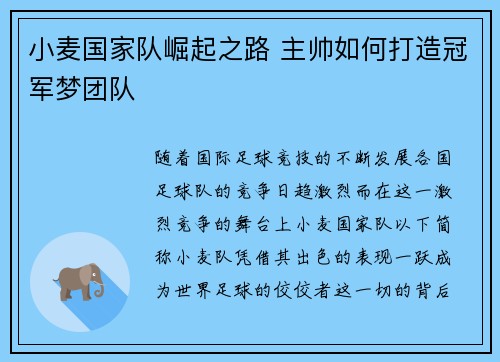 小麦国家队崛起之路 主帅如何打造冠军梦团队