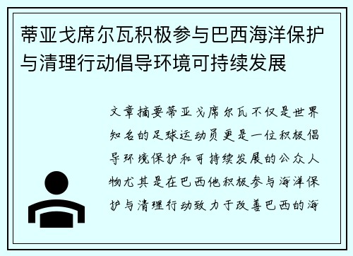 蒂亚戈席尔瓦积极参与巴西海洋保护与清理行动倡导环境可持续发展
